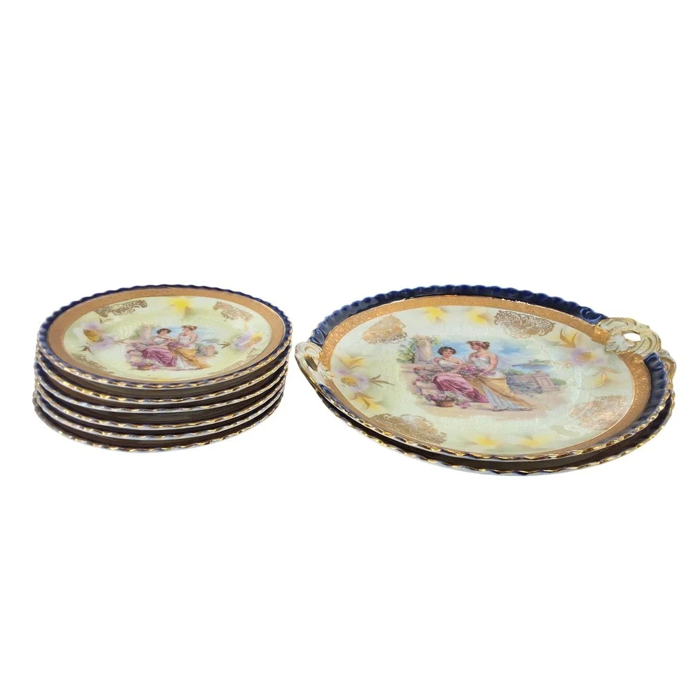 8pc Antique German Porcelain Dessert Set Cobalt Blue Gold Fragonard‎ Cake Plates